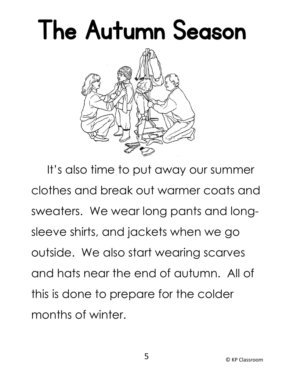 Autumn reading passage, part 5: putting away summer clothes for coats, sweaters, scarves and hats