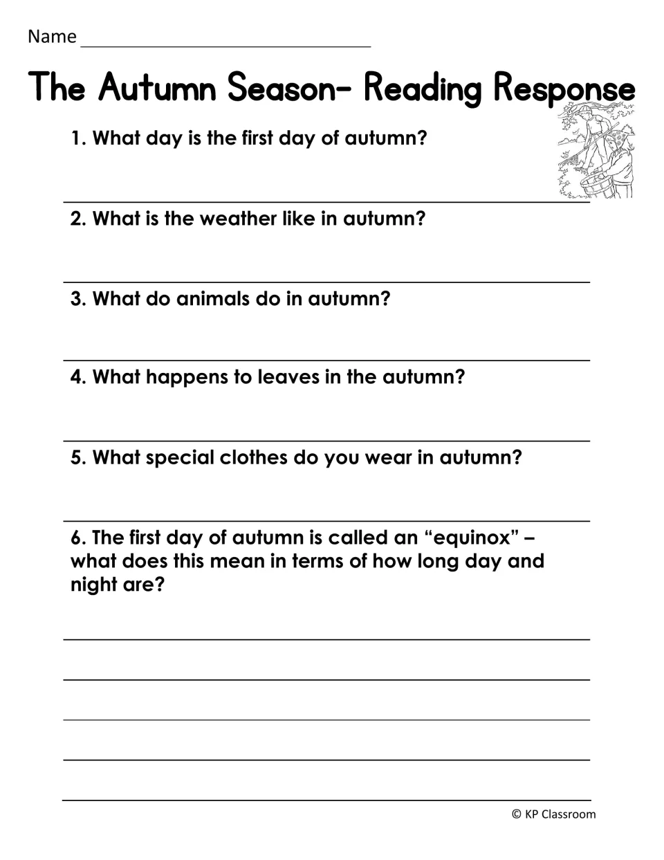 Autumn Season reading response: students answer 6 questions on weather, animals, leaves, clothes and equinox