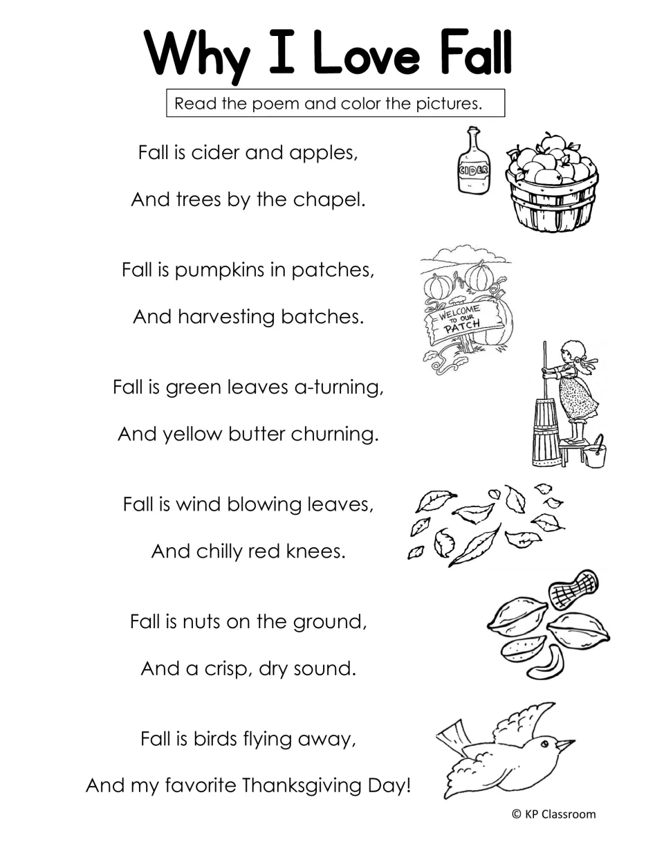 Why I Love Fall poem: students read couplets about cider, pumpkins, leaves, nuts and birds, then color pictures