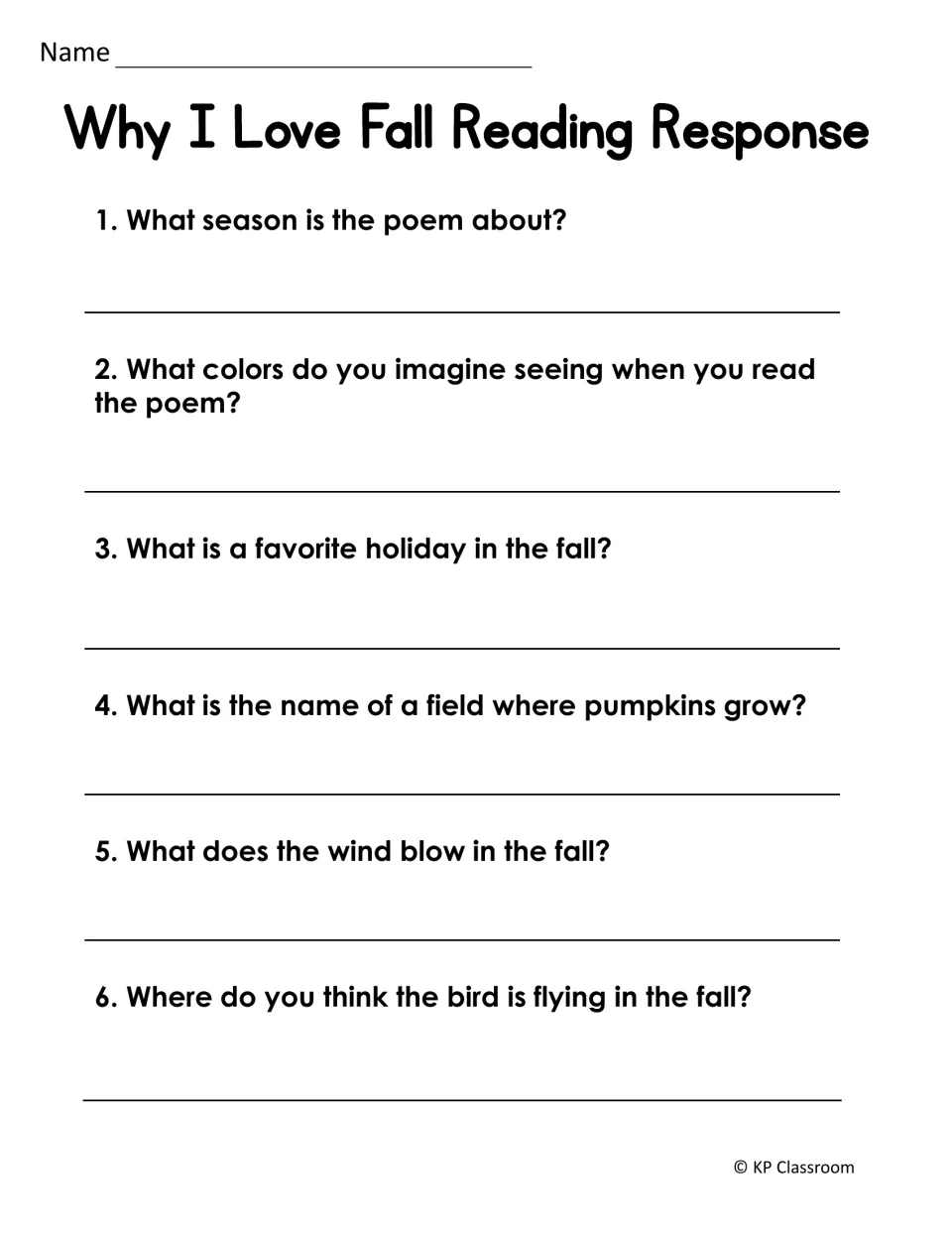Why I Love Fall reading response: students answer 6 questions about the poem's season, colors and holiday