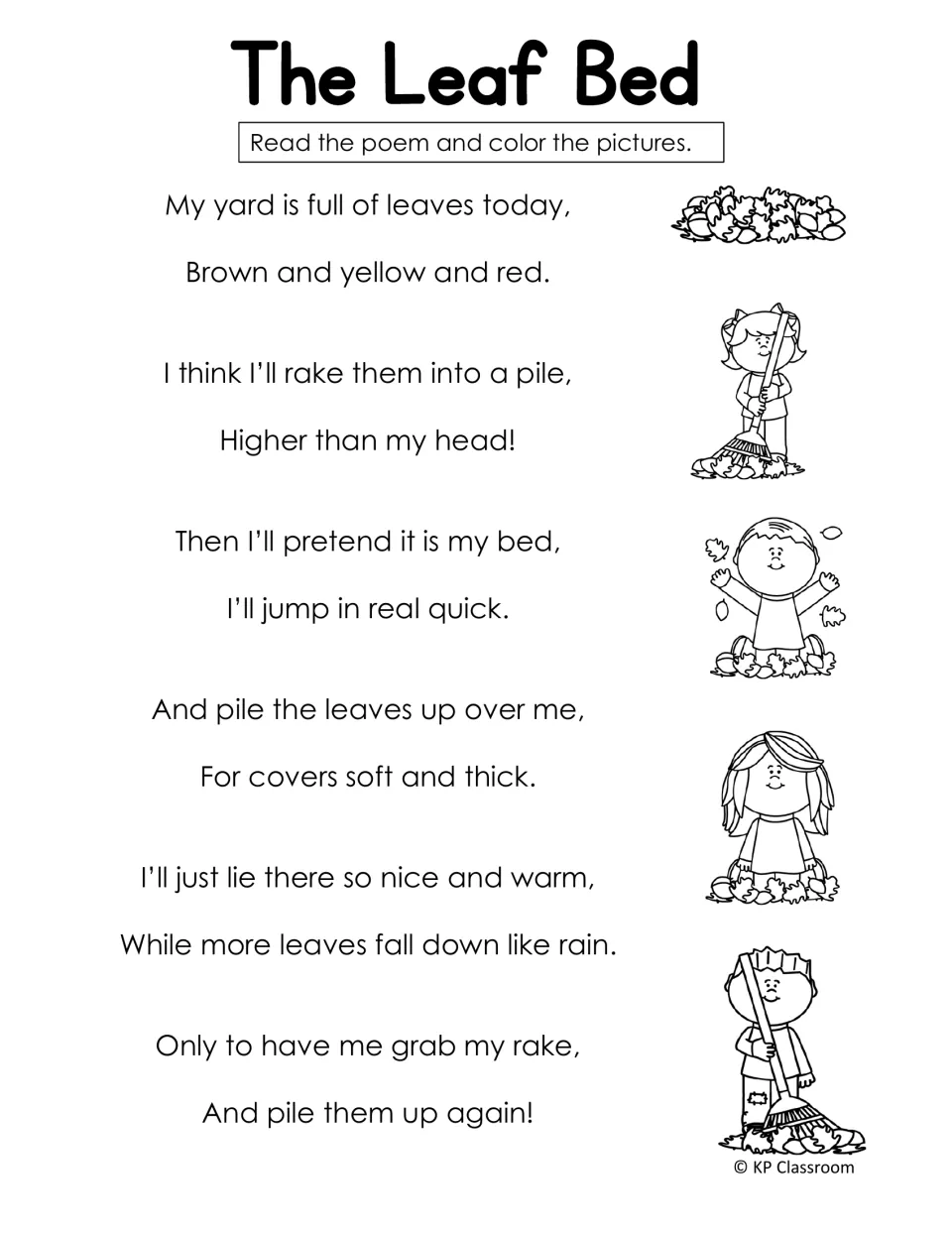 The Leaf Bed poem: students read about raking leaves into a pile and jumping in, then color the pictures