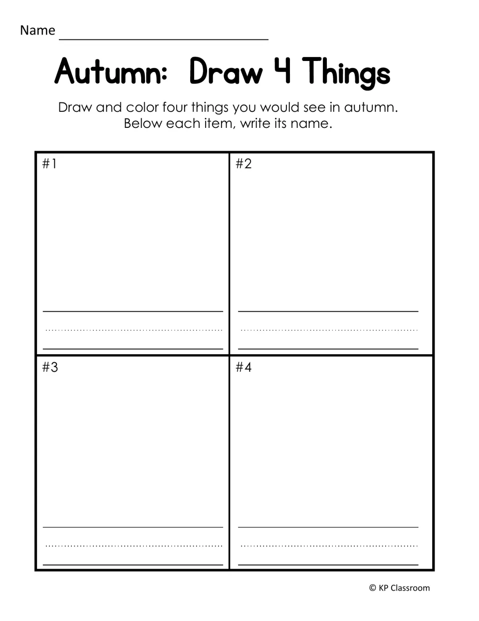 Autumn: Draw 4 Things: students draw and color four things seen in autumn and label each with its name