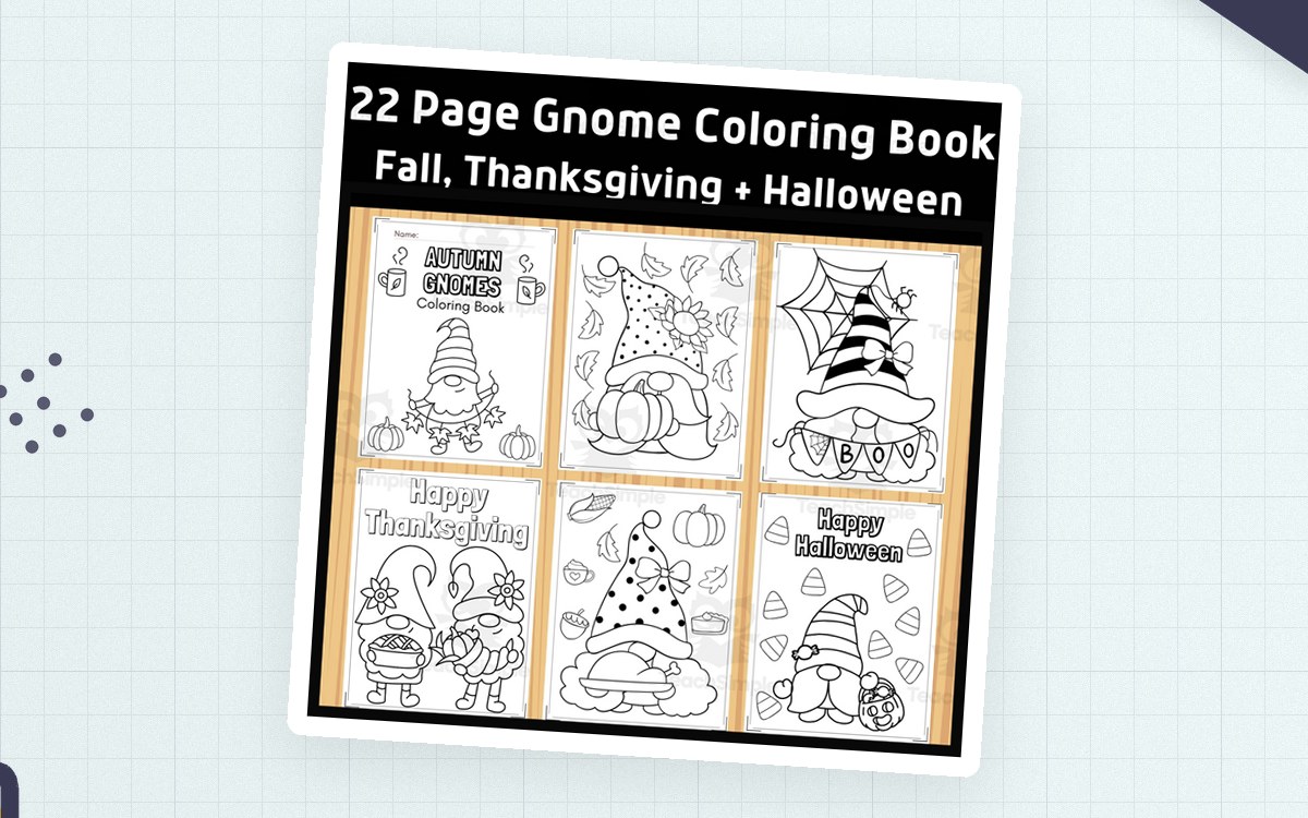 Black 22 Page Gnome Coloring Book cover with six black-and-white gnome page previews for fall, Thanksgiving, and Halloween.
