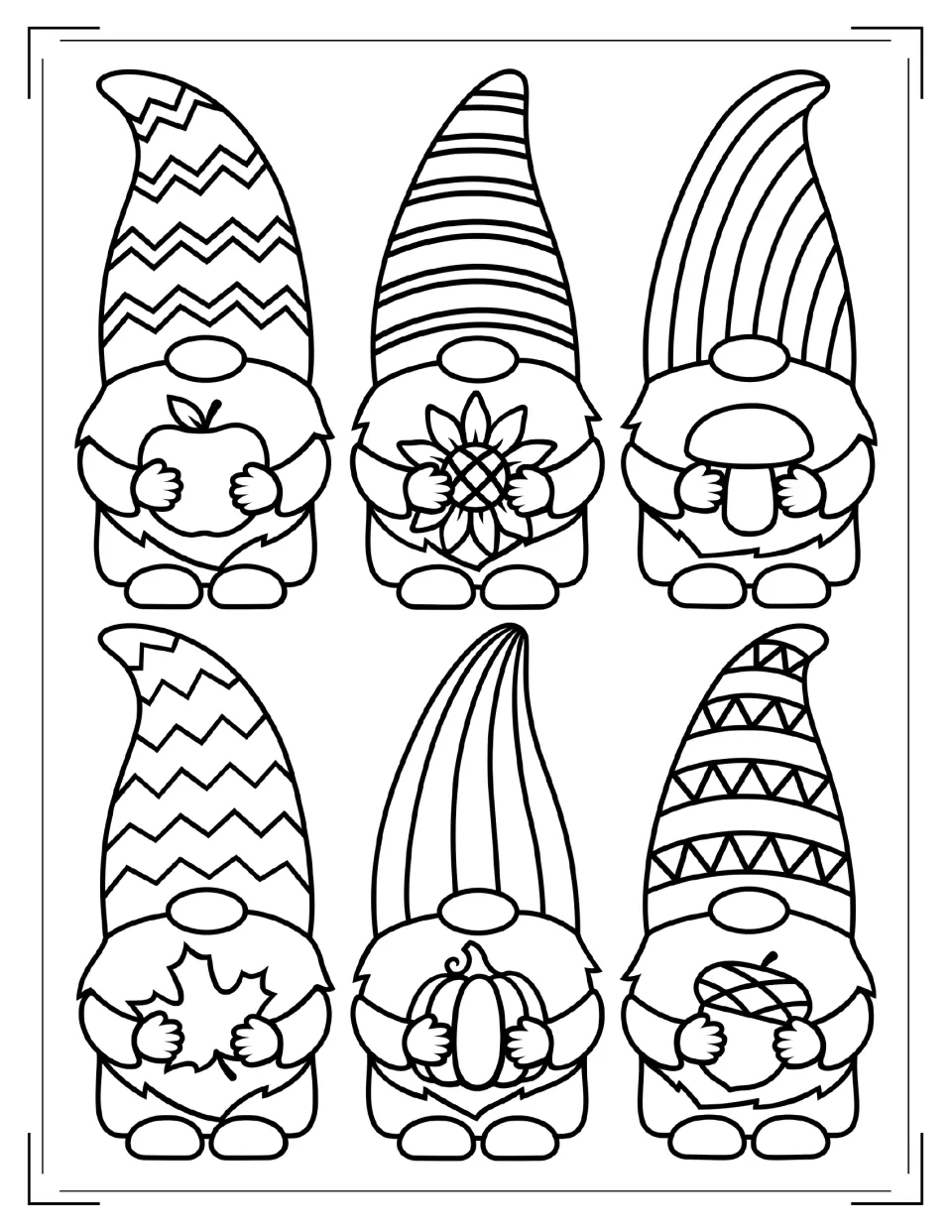 Six fall gnomes in patterned hats to color, each holding an apple, sunflower, mushroom, maple leaf, pumpkin or acorn