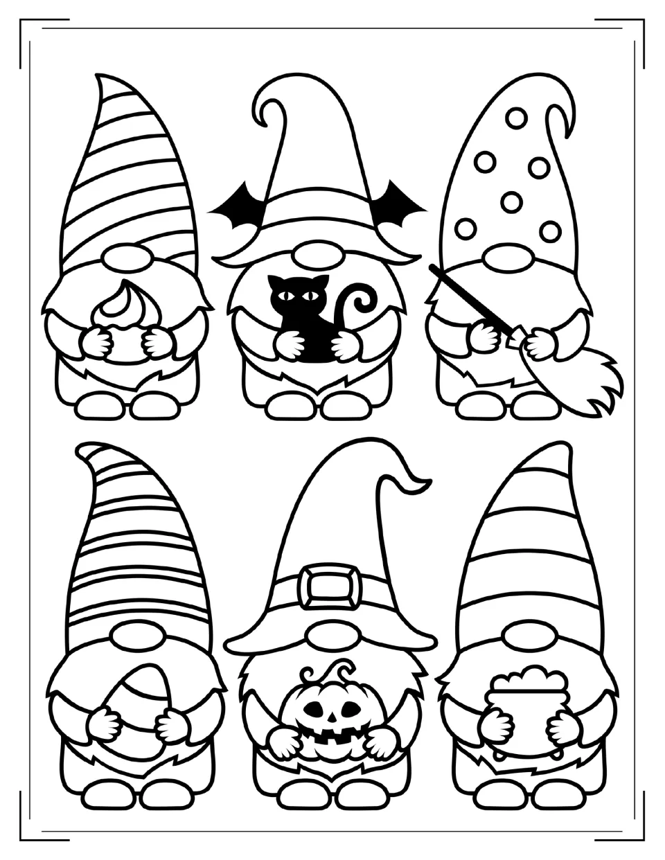 Halloween gnomes to color: six gnomes holding a cupcake, black cat, broom, candy corn, jack-o'-lantern and cauldron