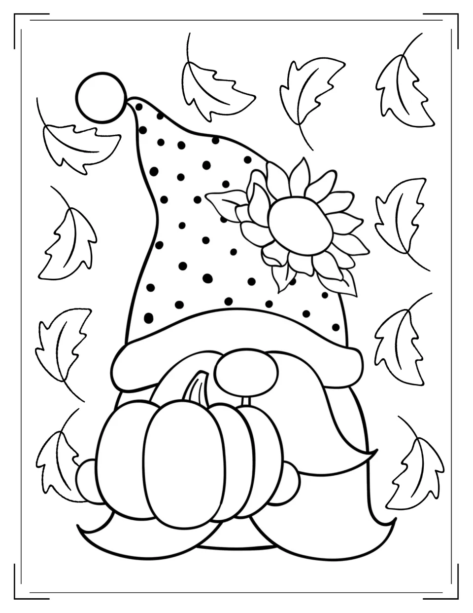 Pumpkin gnome coloring page: a gnome in a polka-dot, sunflower-trimmed hat hugs a pumpkin as leaves fall around it