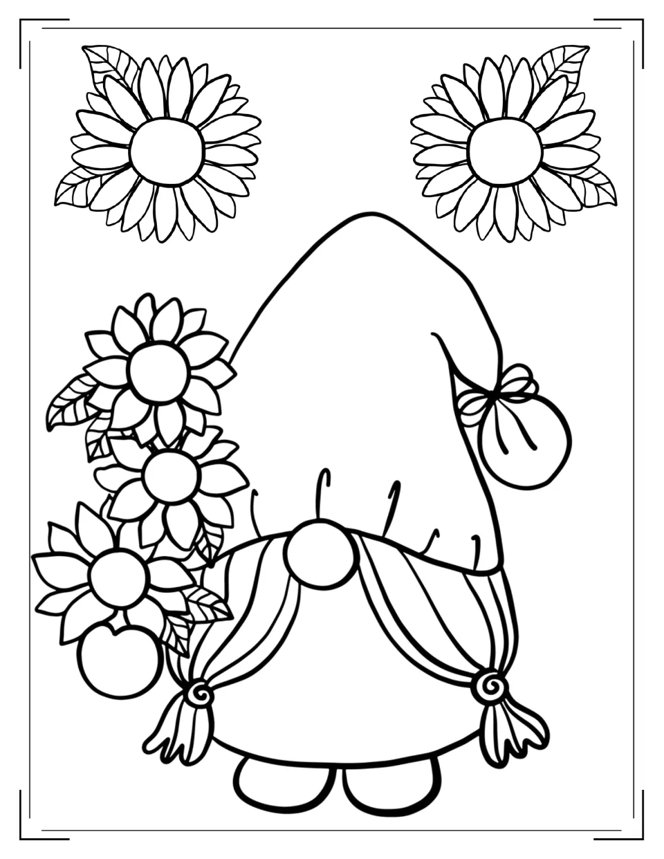 Sunflower gnome to color: a gnome with tied pigtails and a tall bow-tied hat beside a stem of sunflowers