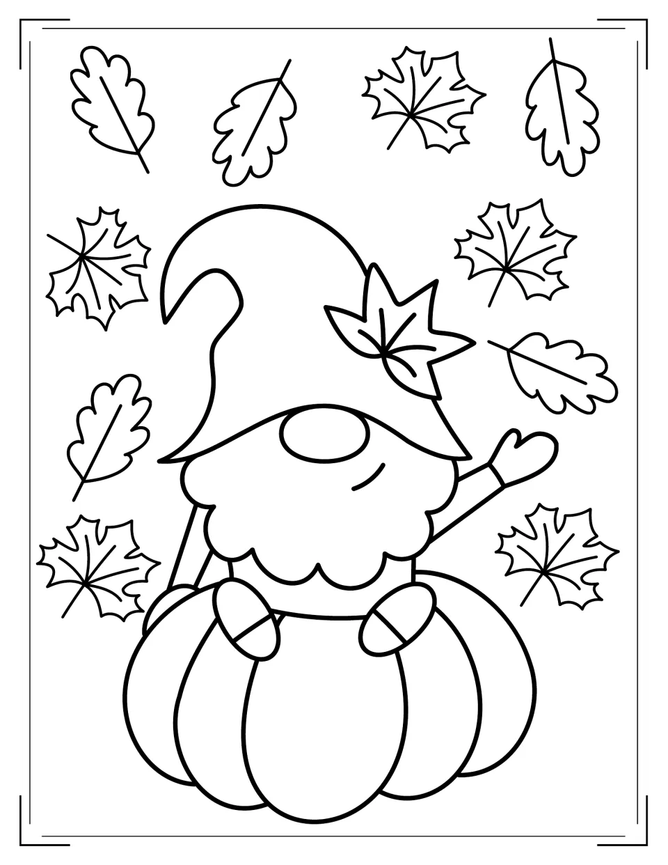 Gnome sitting on a pumpkin to color, waving one hand, with a maple leaf on its hat and oak and maple leaves around