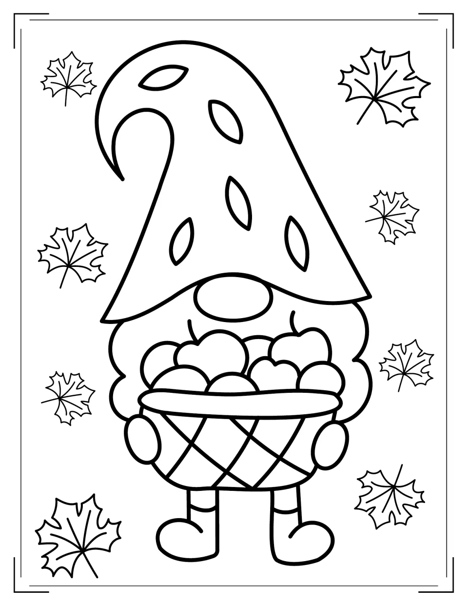 Apple-picking gnome to color: a gnome in a leaf-patterned hat holds a basket of apples among maple leaves