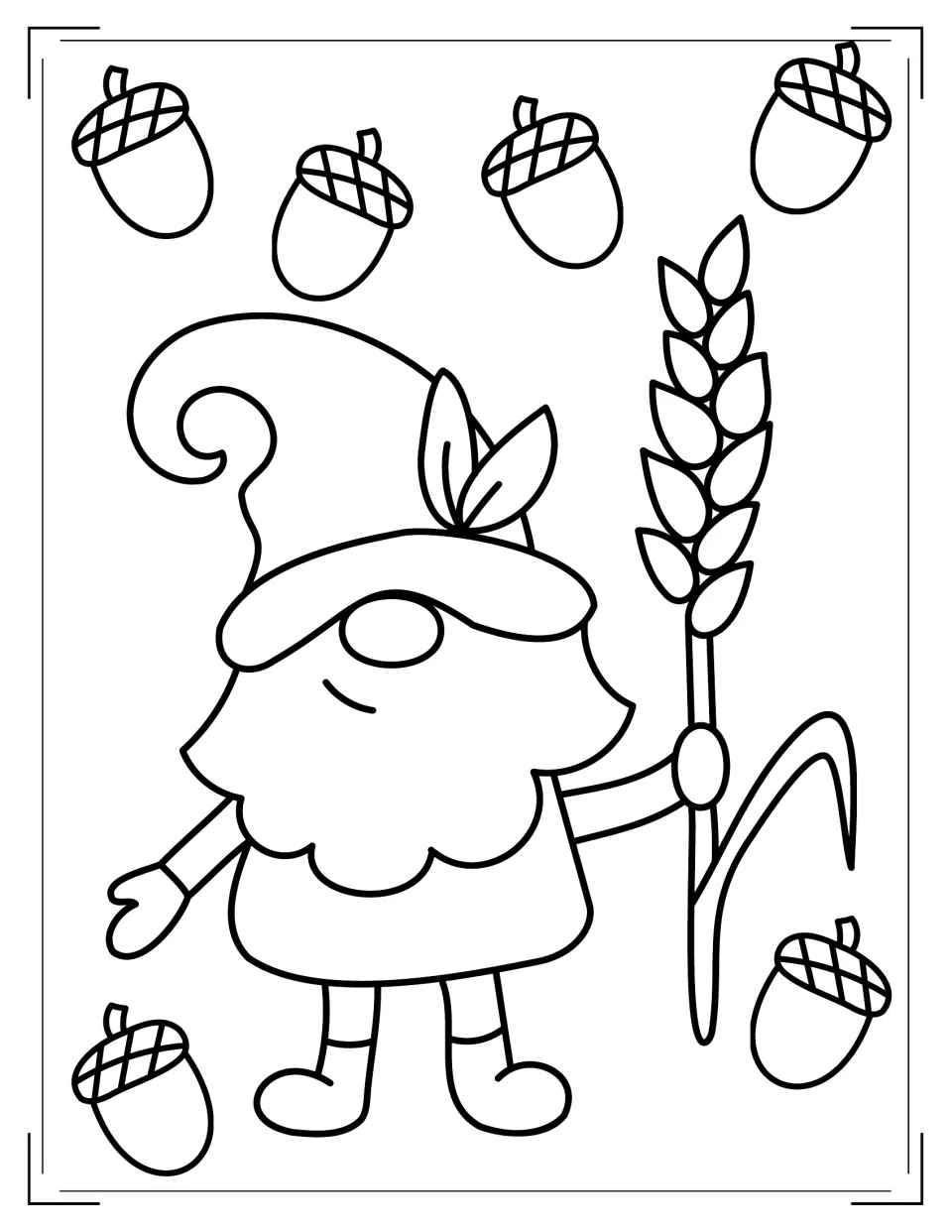Harvest gnome to color: a gnome with leaves in its hat holds up a stalk of wheat, with acorns scattered around