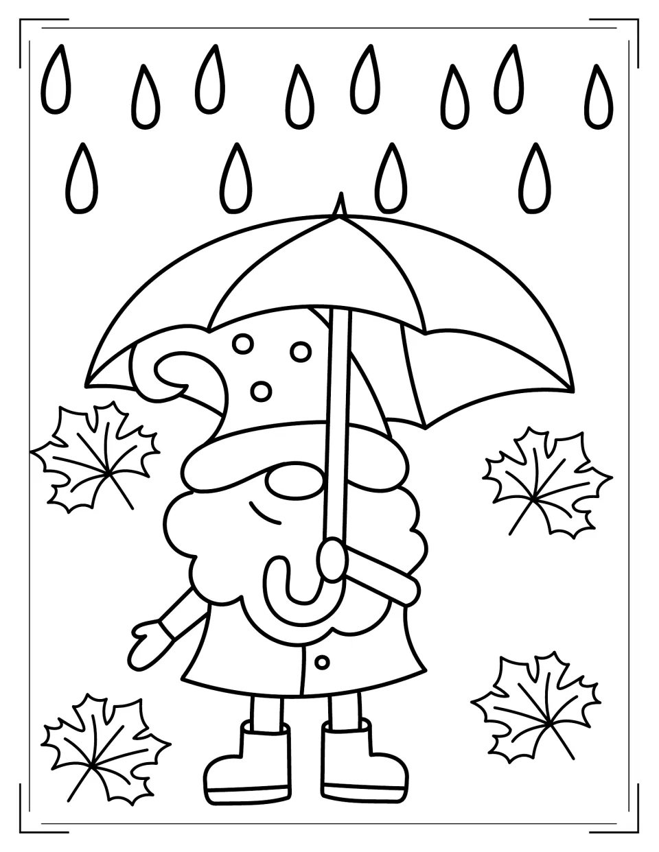 Rainy-day gnome to color: a gnome in a raincoat and boots holds an umbrella under raindrops and falling maple leaves