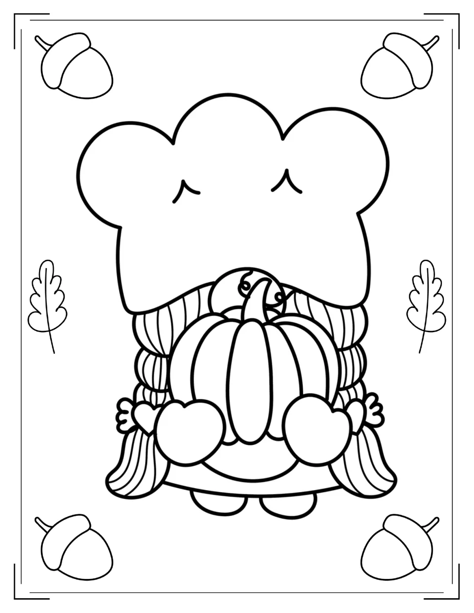 Girl gnome to color: a gnome with striped pigtails and a scalloped hat hugs a pumpkin, with acorns and oak leaves