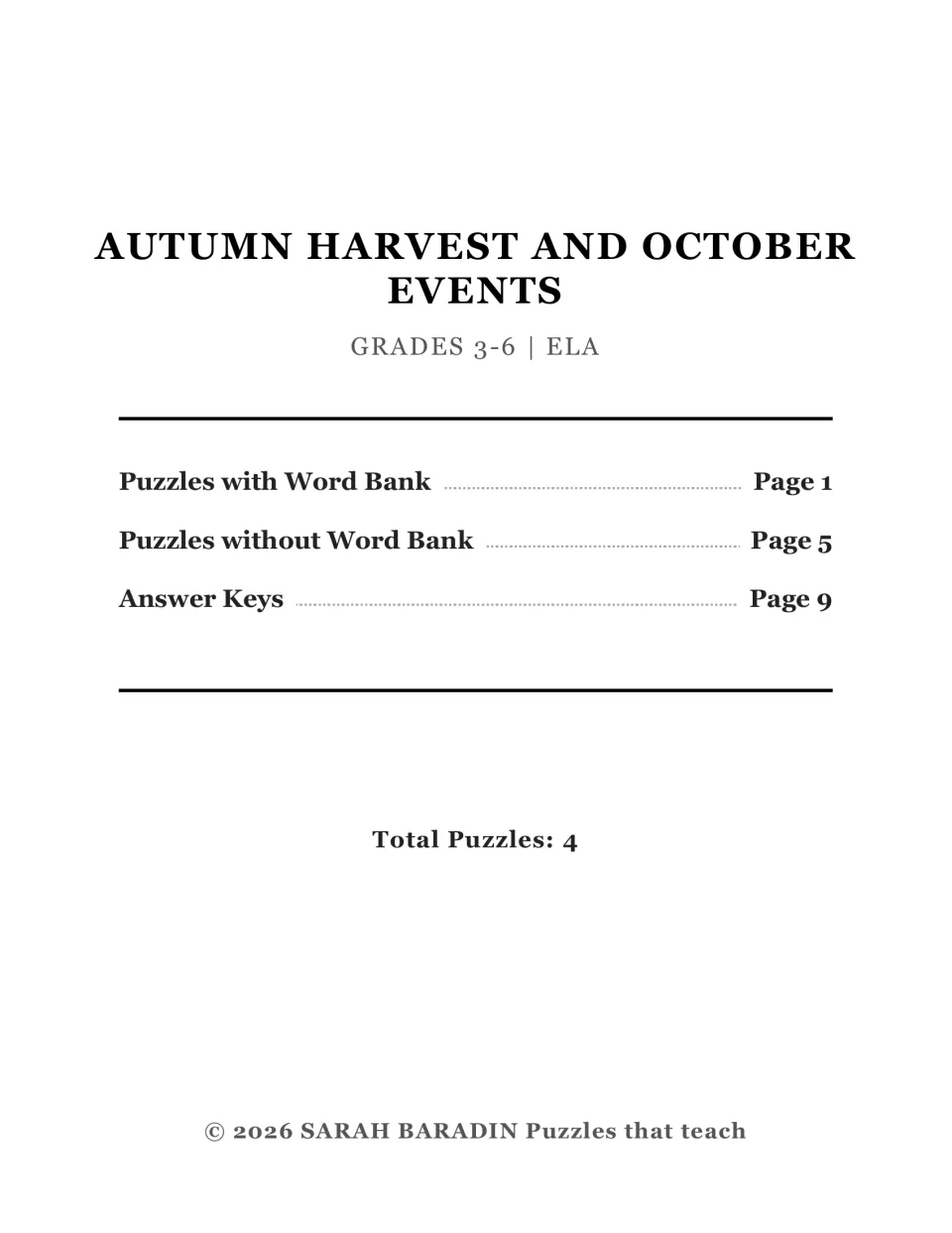 Autumn Harvest and October Events cover lists four puzzles, word bank versions, and answer key sections.