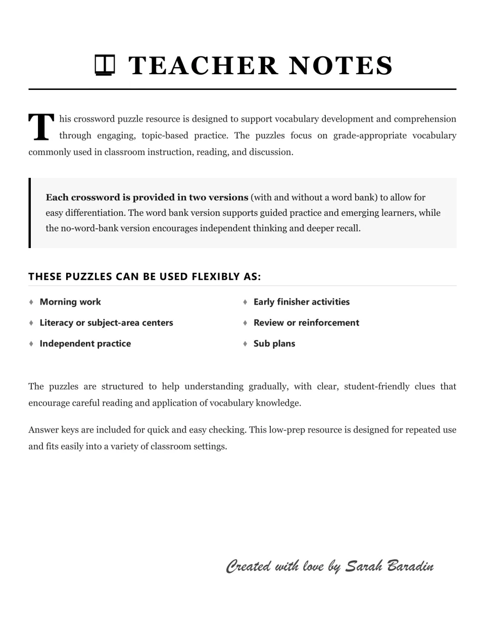 Teacher notes explain two crossword versions and uses including morning work, centers, and independent practice.