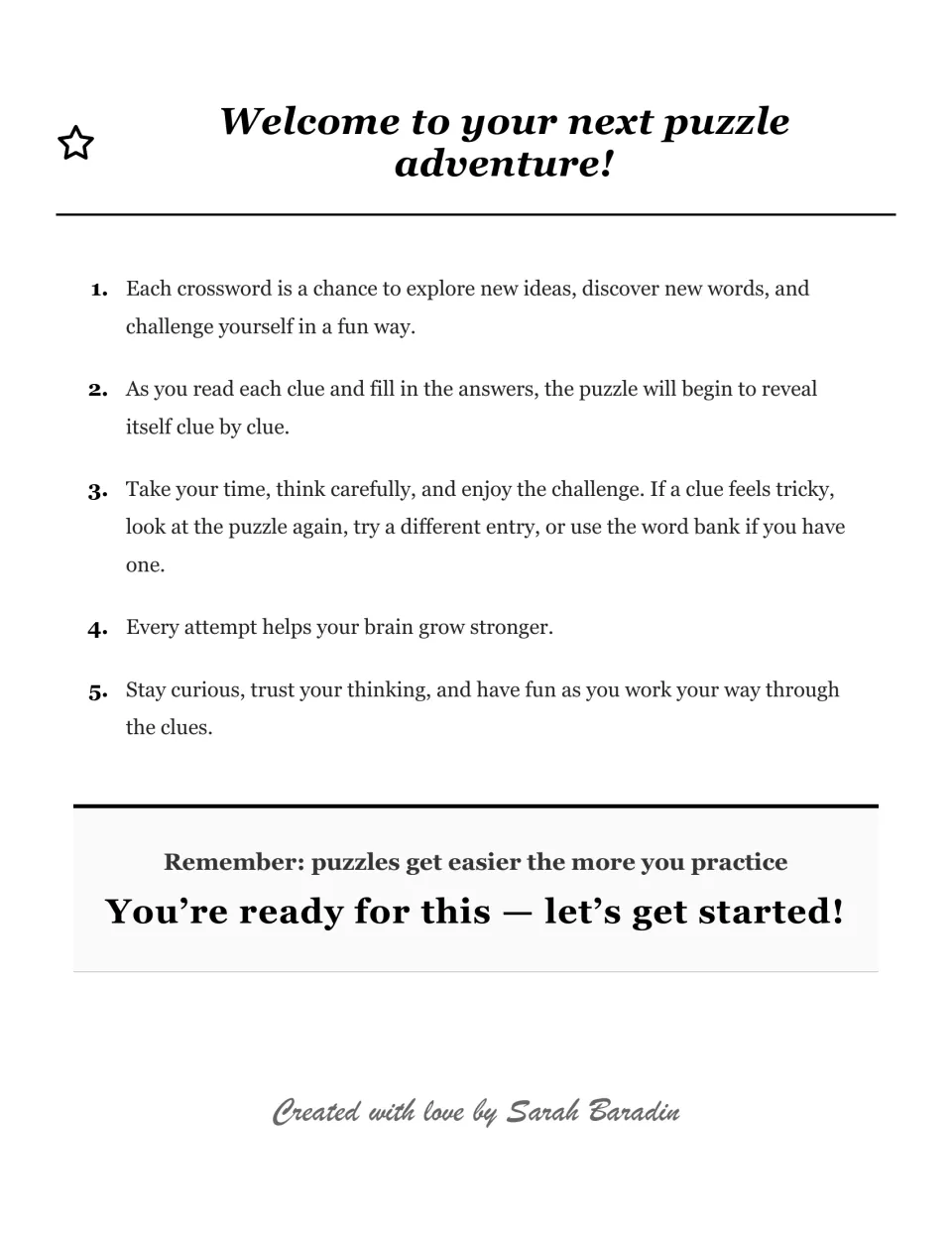 Student crossword directions explain reading clues, trying another entry, and using a word bank when provided.