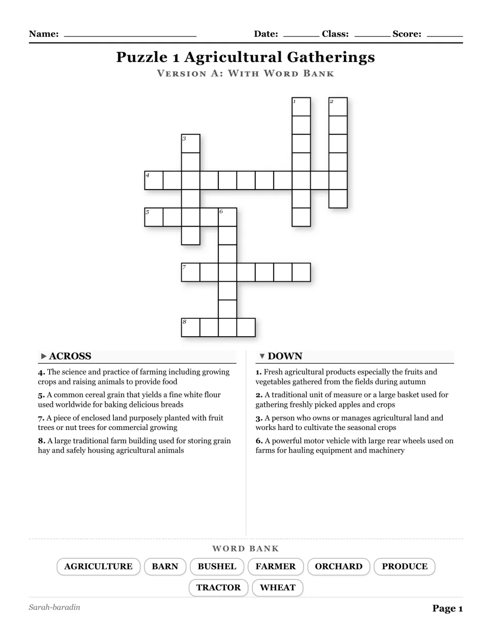 Agricultural Gatherings crossword with a word bank: agriculture, barn, bushel, farmer, orchard, and three more.
