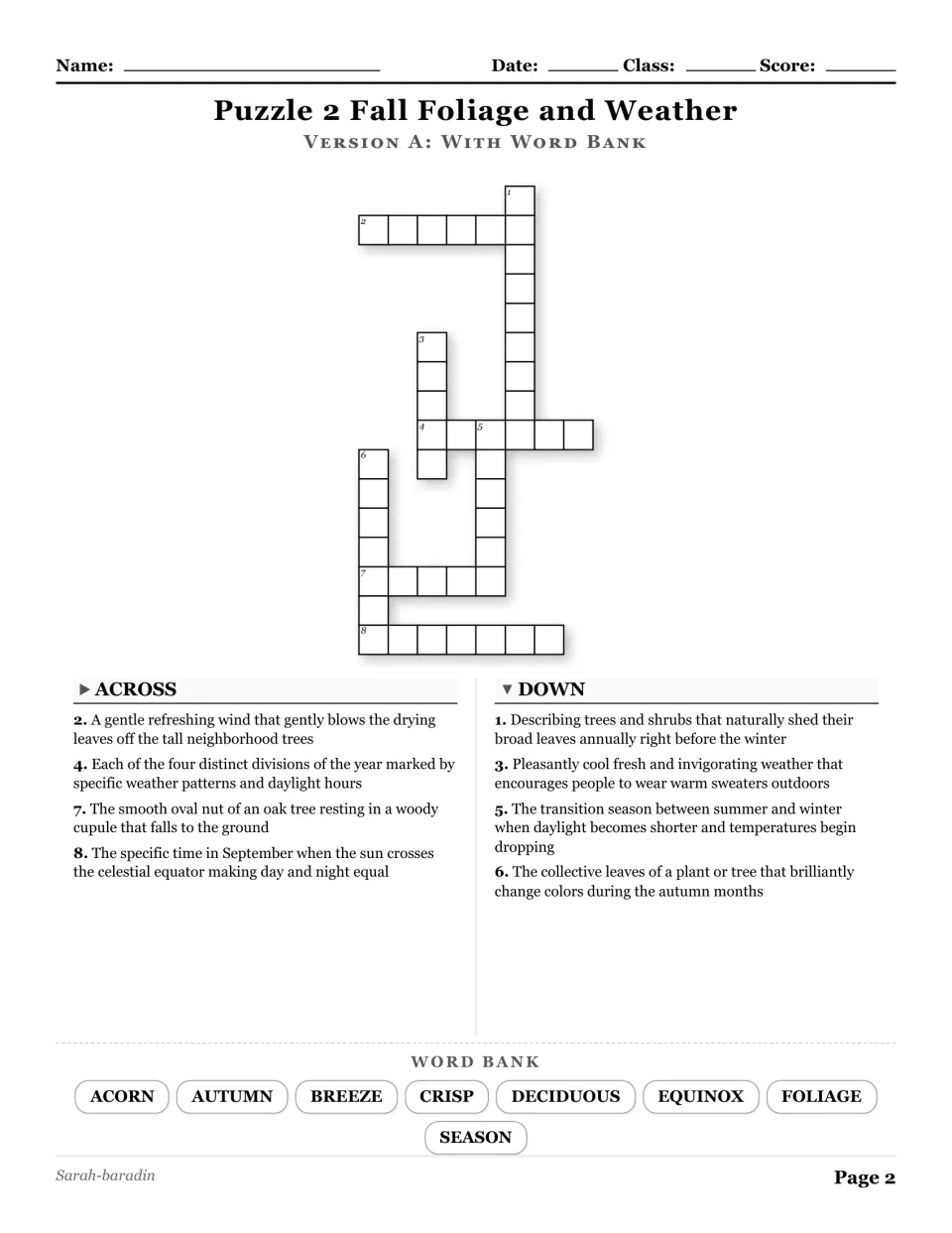 Fall Foliage and Weather crossword with a word bank: acorn, autumn, breeze, crisp, deciduous, and three more.