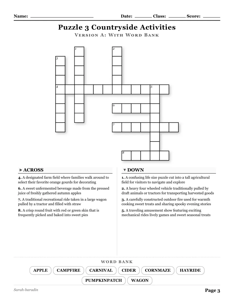 Countryside Activities crossword with a word bank: apple, campfire, carnival, cider, cornmaze, and three more.