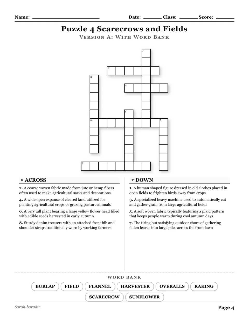 Scarecrows and Fields crossword with a word bank: burlap, field, flannel, harvester, overalls, and three more.