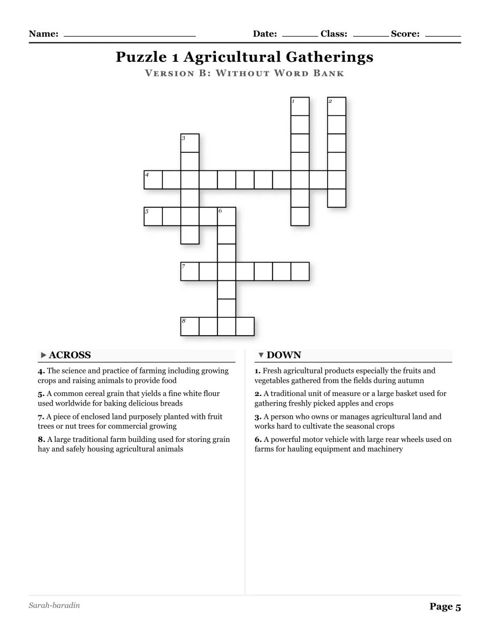 Agricultural Gatherings crossword without a word bank has eight clues about farming, crops, and farm equipment.