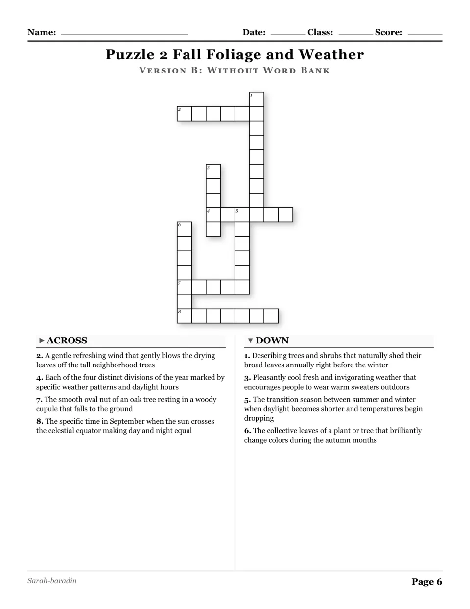 Fall Foliage and Weather crossword without a word bank has eight clues about leaves, seasons, wind, and nuts.