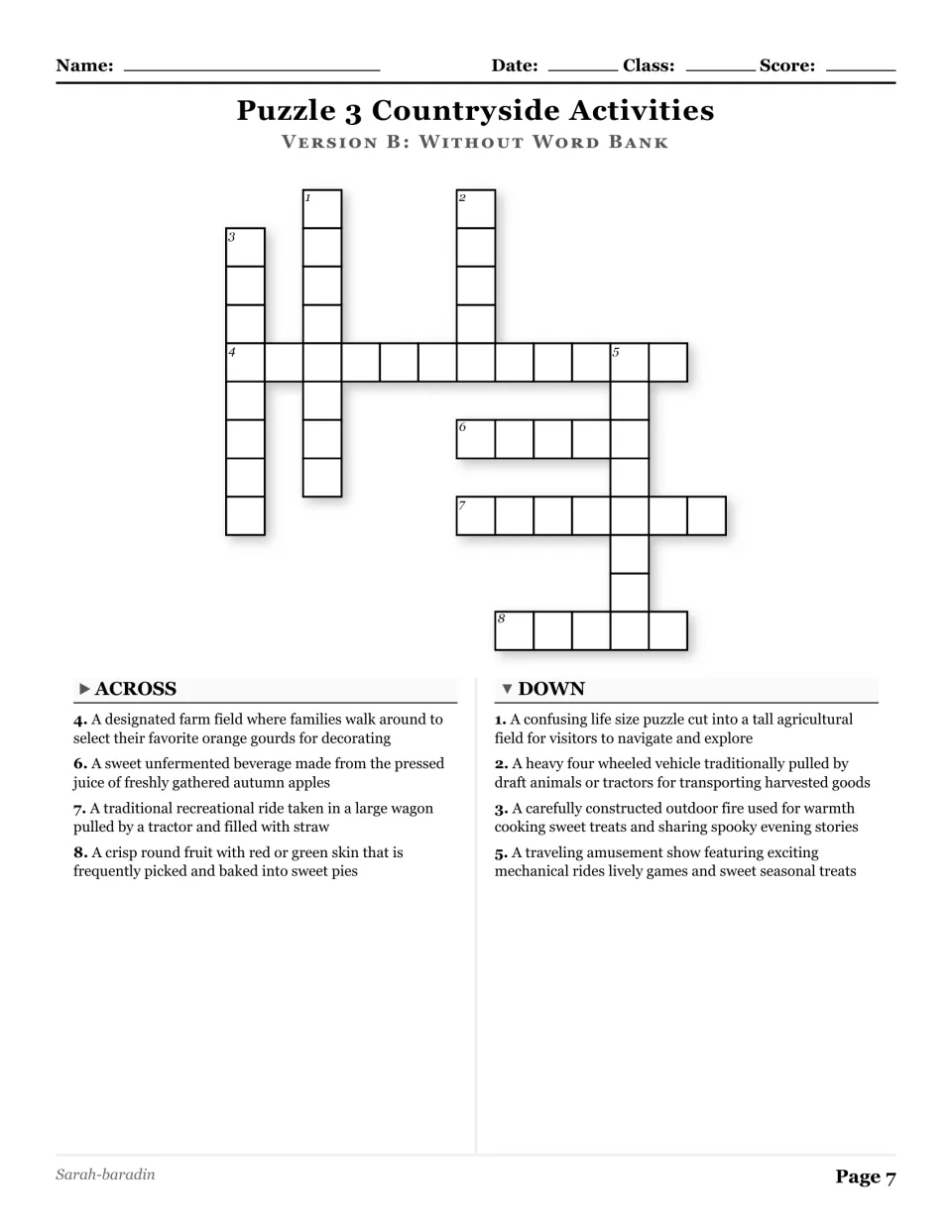 Countryside Activities crossword without a word bank has eight clues about pumpkin patches, hayrides, and cider.