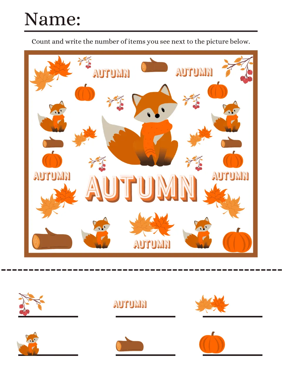 Autumn fox I spy counting: students count foxes, pumpkins, logs, leaves, berries and AUTUMN words, then write each total