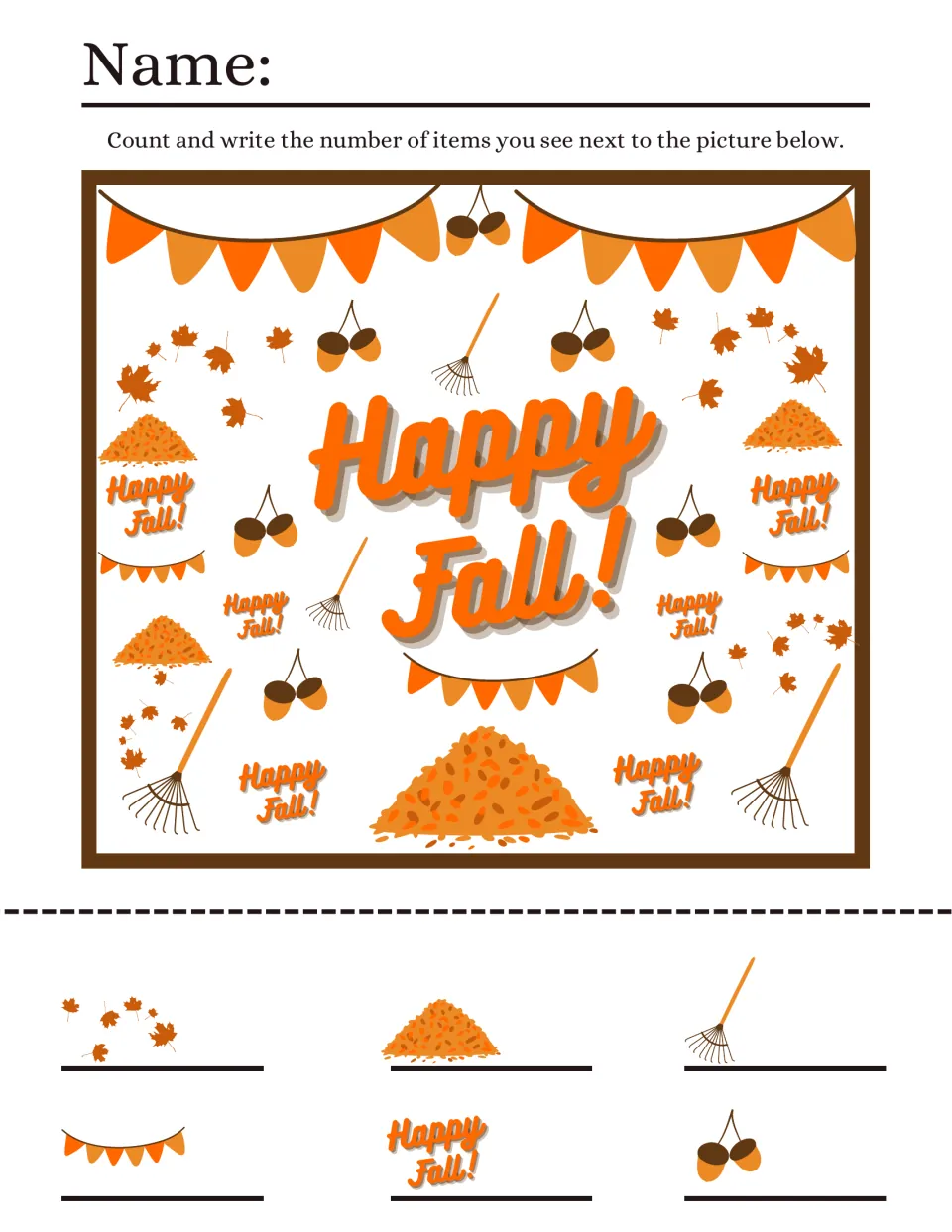 Happy Fall I spy counting: students count rakes, leaf piles, acorns, banners, leaves and Happy Fall signs and write totals