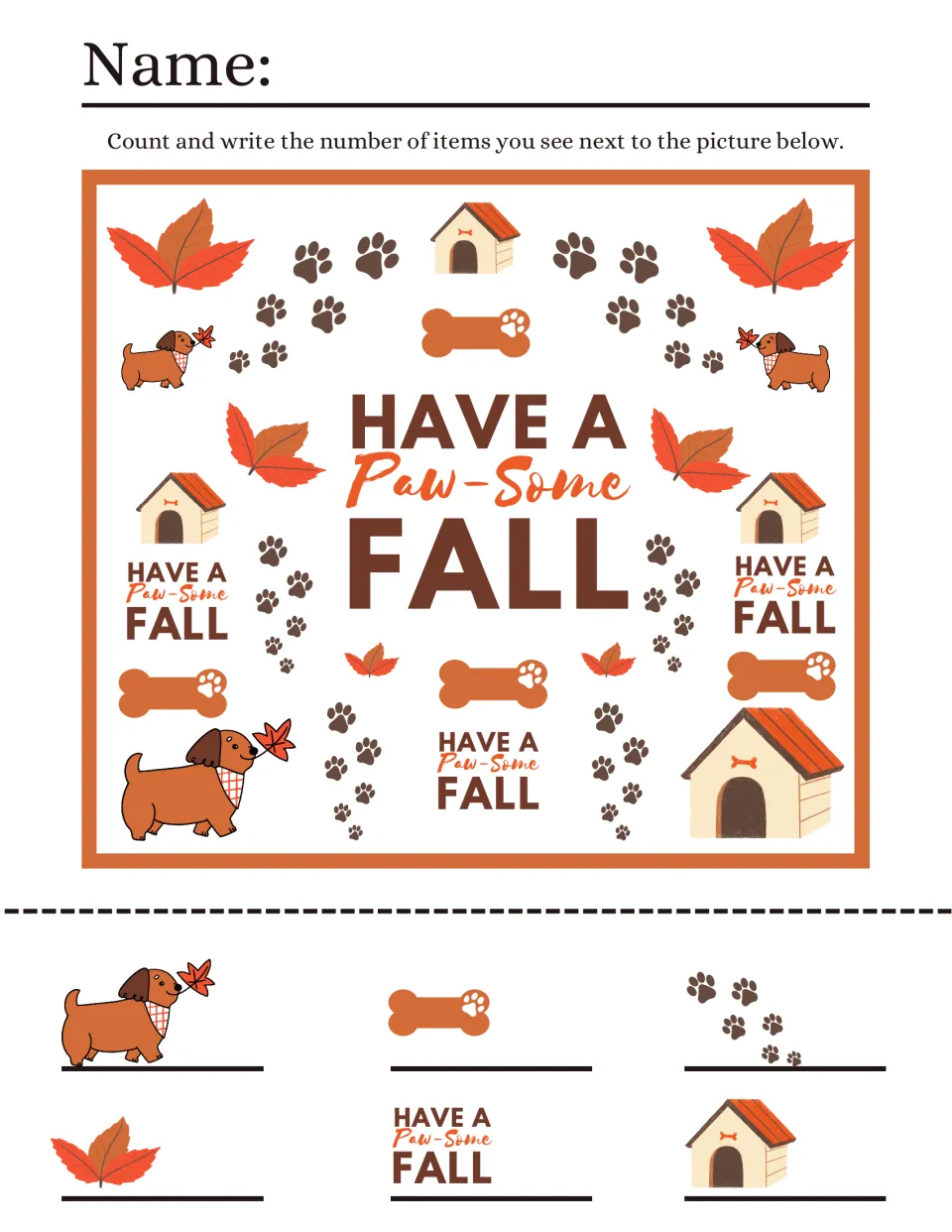 Paw-Some Fall I spy counting: students count dogs, bones, paw prints, leaves, doghouses and signs, writing each number
