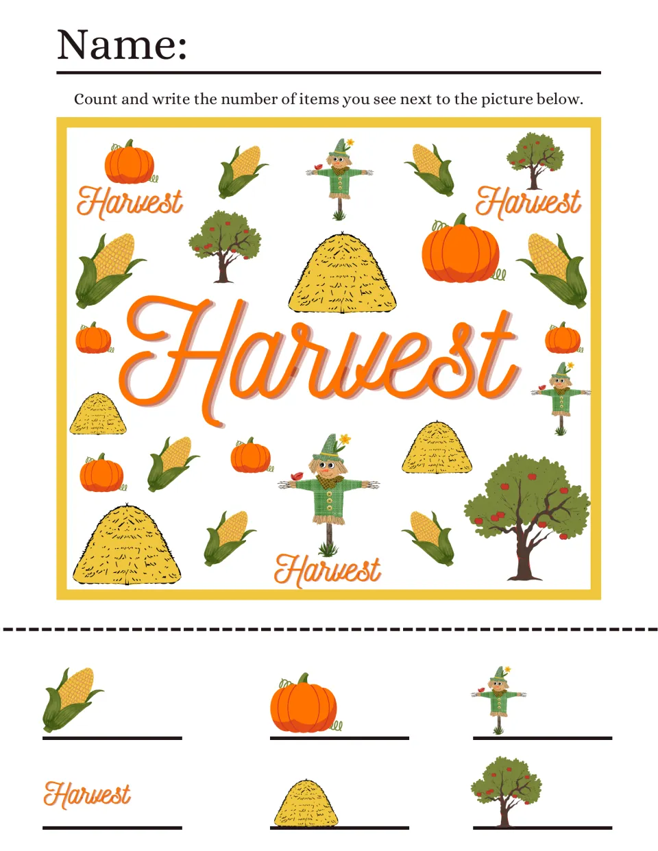 Harvest I spy counting: students count corn, pumpkins, scarecrows, haystacks, apple trees and Harvest words and write totals