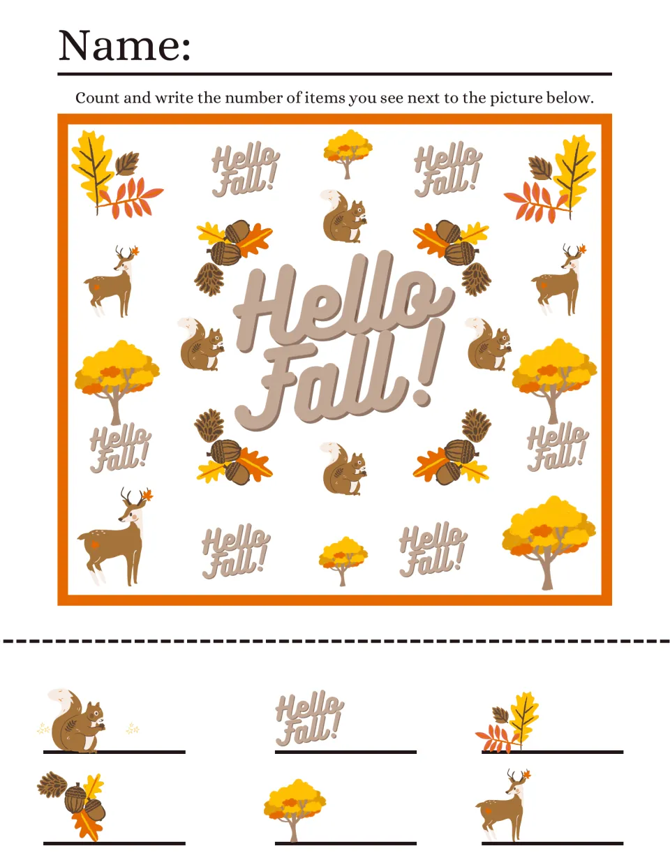 Hello Fall I spy counting: students count squirrels, deer, acorns, autumn trees, leaves and Hello Fall words, writing totals