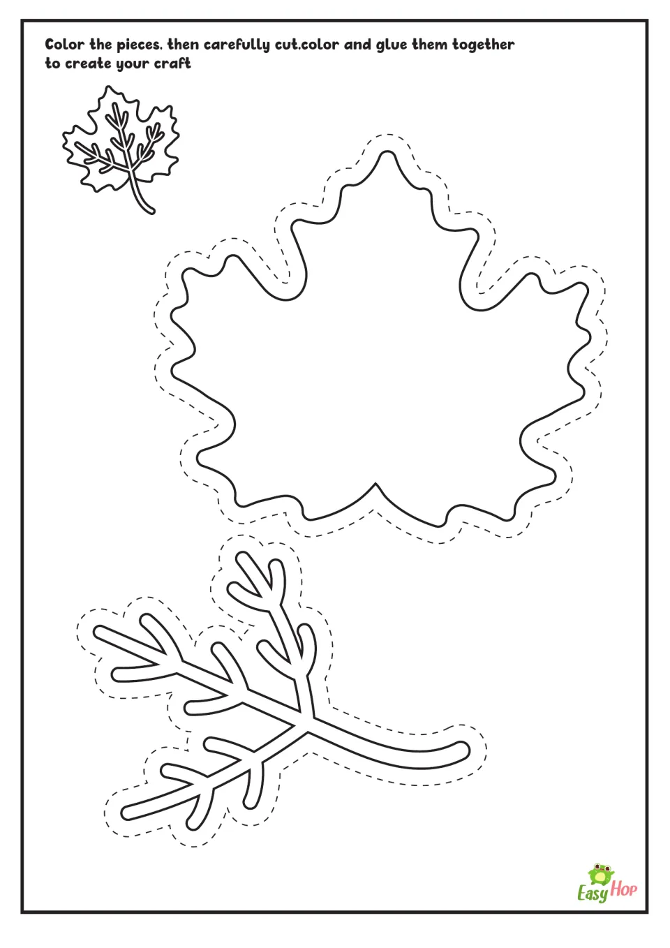 Outline autumn leaf craft template with a leaf and branching veins to color, cut out, and glue together.