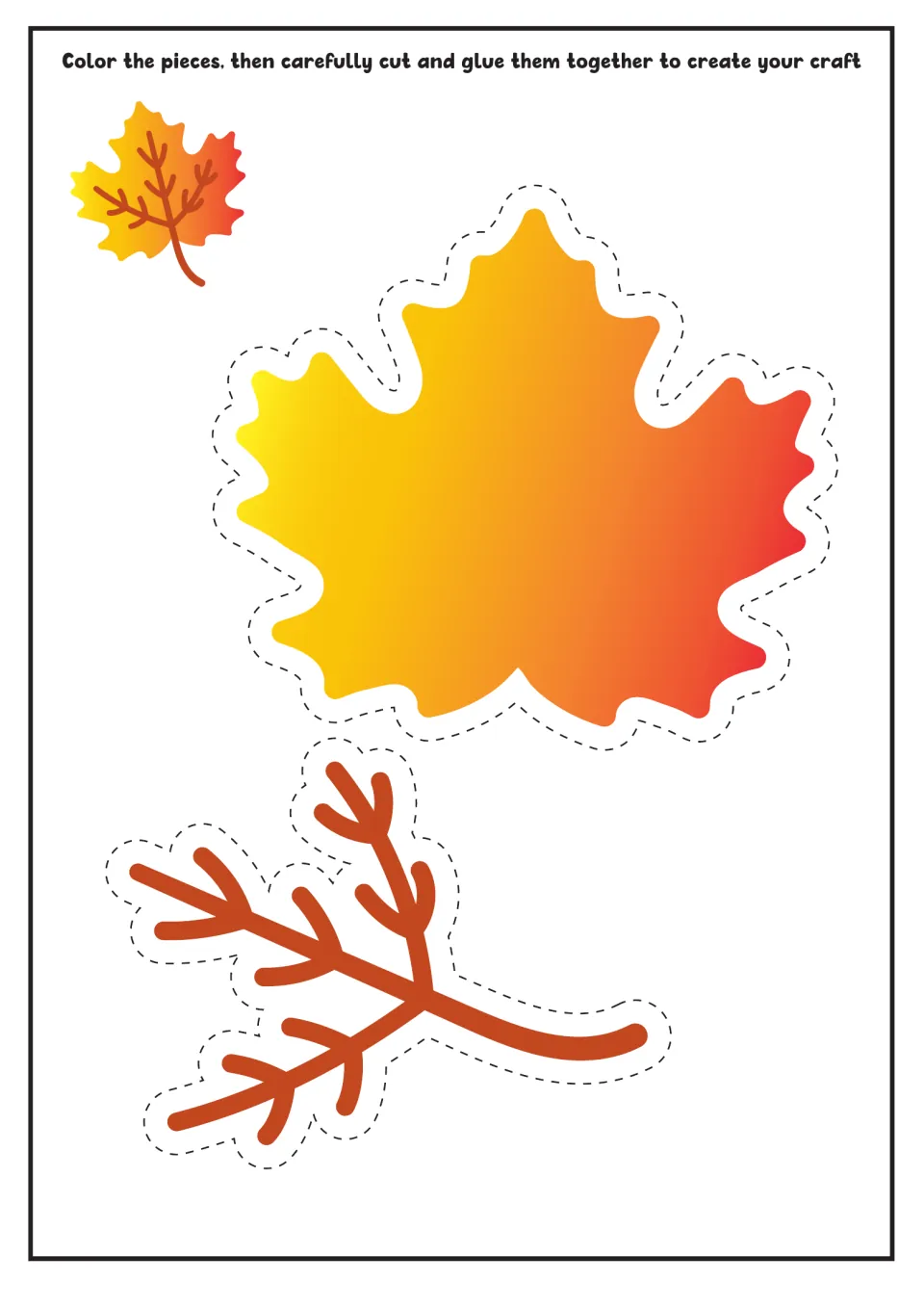 Colored autumn leaf craft template with a yellow, orange, and red leaf and brown veins to cut and assemble.