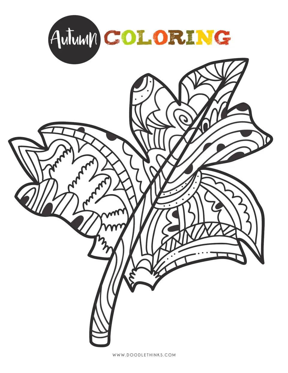 Autumn Coloring leaf filled with swirls, dots, waves and petal doodle patterns for students to color; multicolor heading