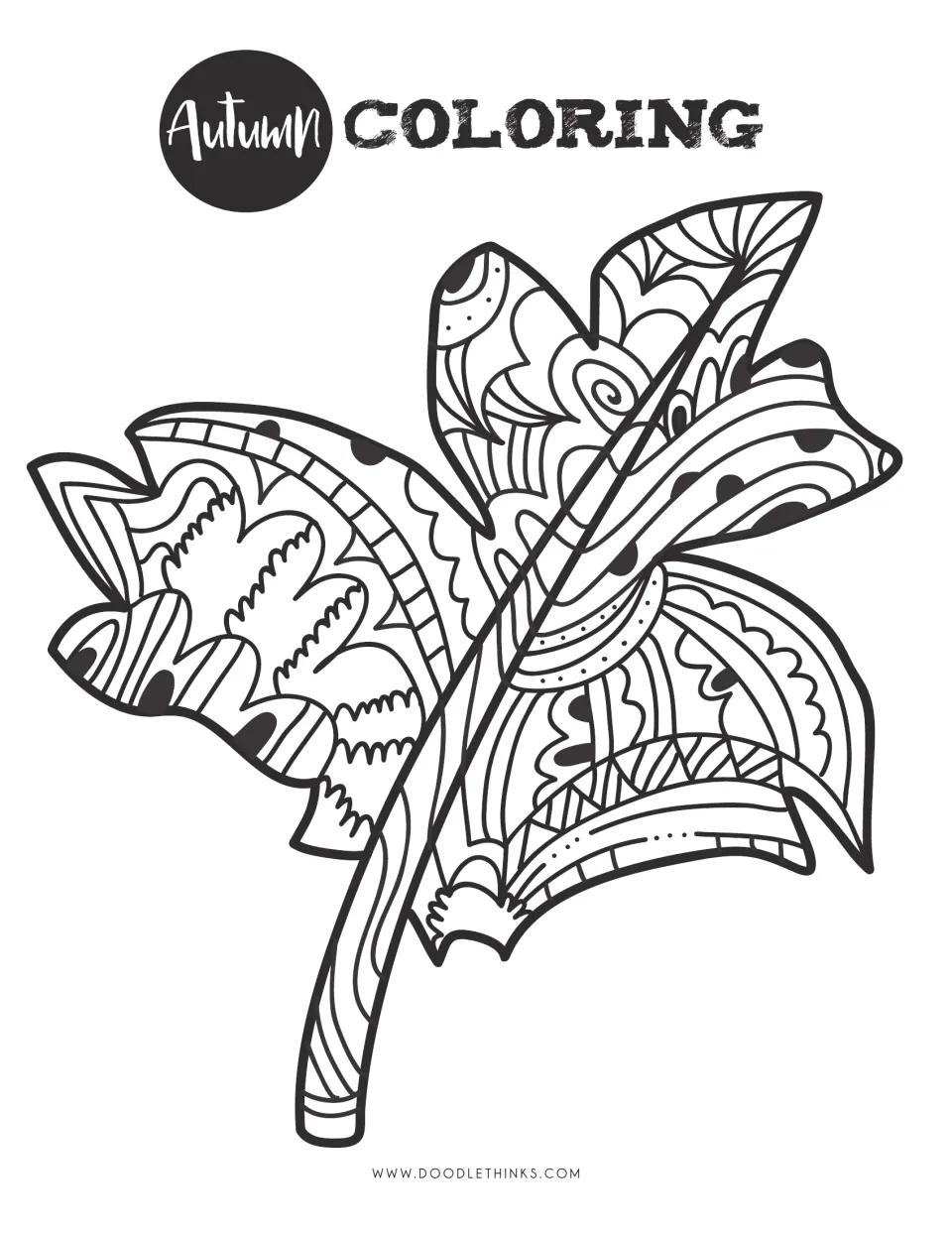 Patterned fall leaf to color, with doodle swirls, dots and stripes in every section and a black Autumn Coloring heading