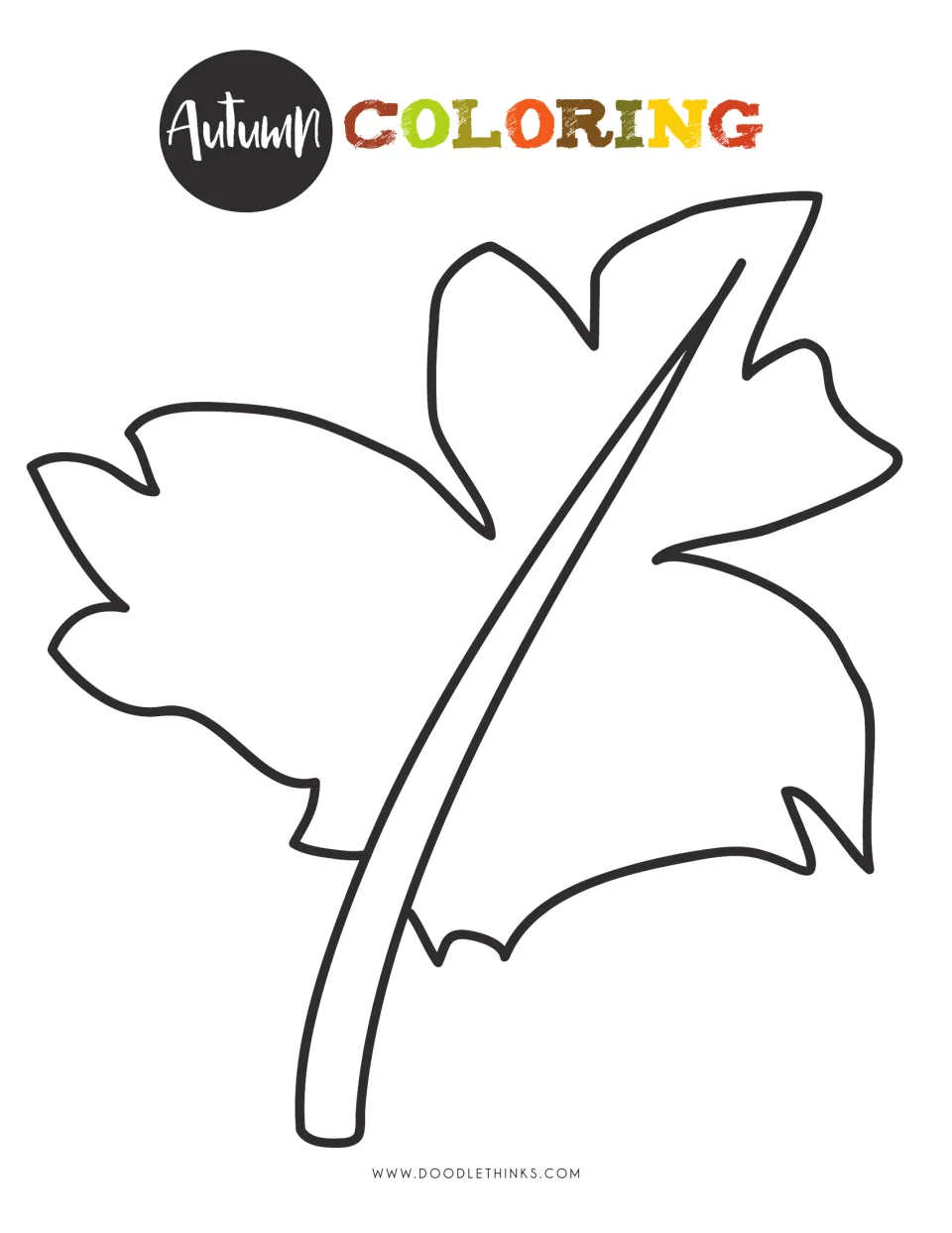 Blank fall leaf outline with stem under a multicolor Autumn Coloring heading, left open for students' own designs or colors