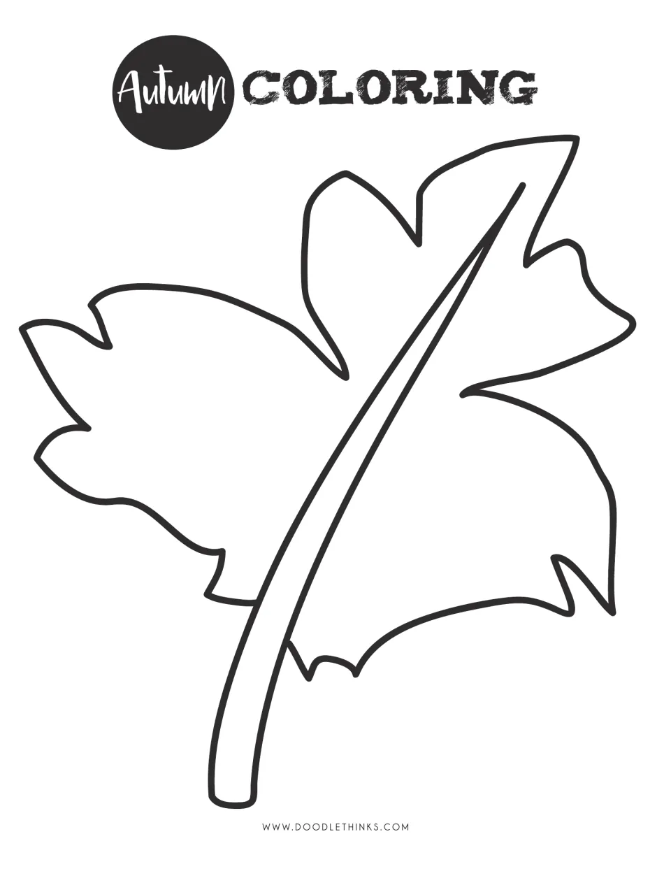 Plain autumn leaf and stem outline beneath a black Autumn Coloring heading, empty inside for drawing or coloring freely