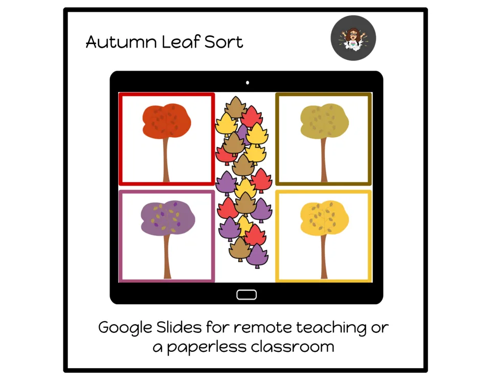 Autumn Leaf Sort cover showing the leaf-sorting activity and identifying Google Slides for remote teaching.