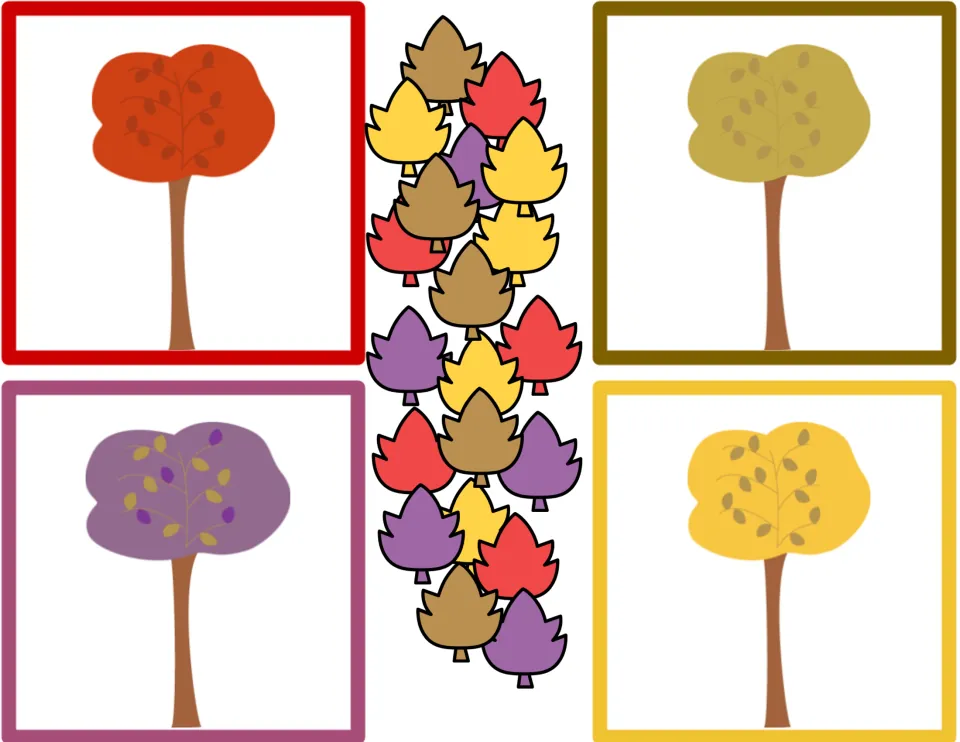 Color-sorting activity slide with red, yellow, purple, and brown leaves to drag and drop onto matching trees.
