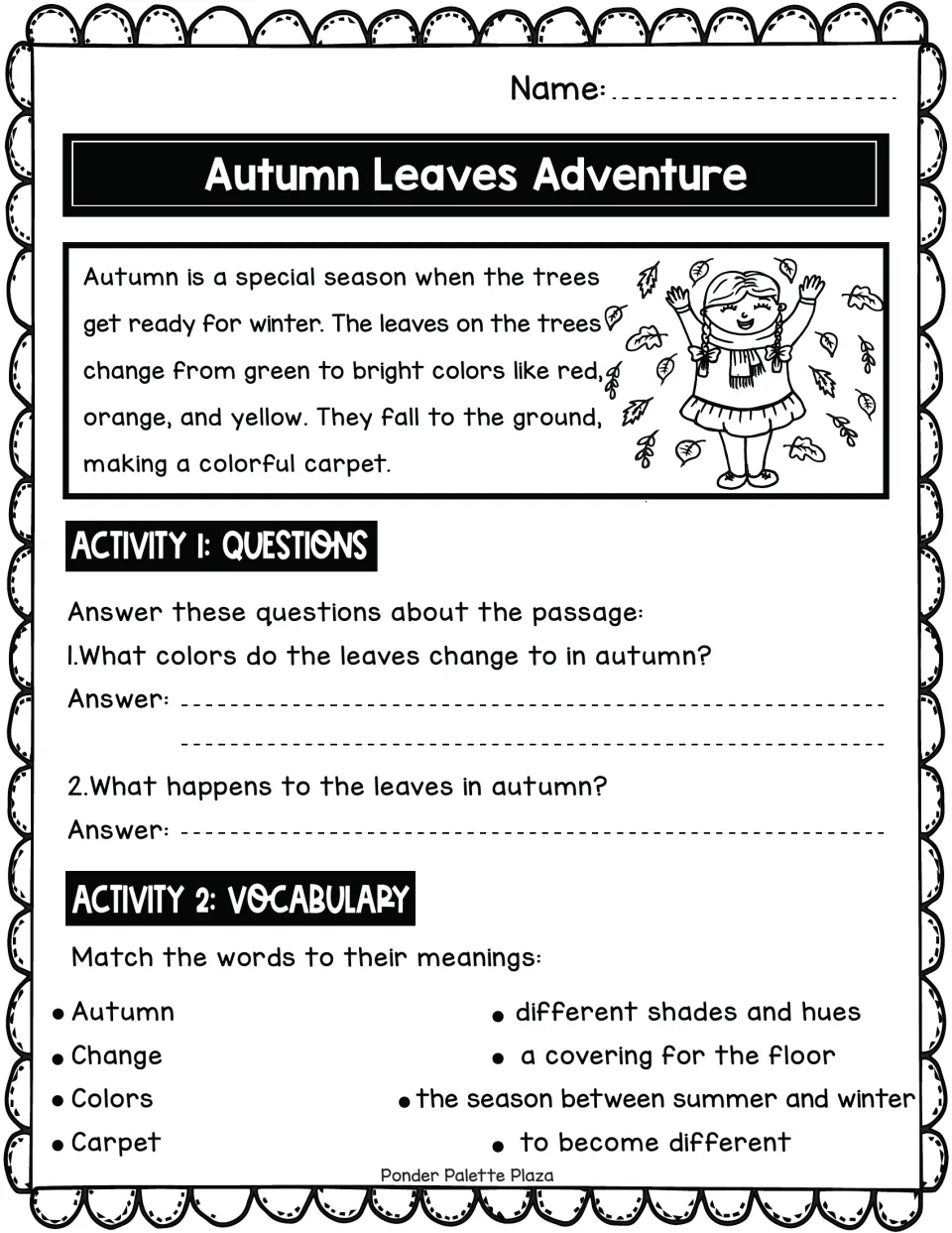 Reading passage about autumn leaves changing color and falling, followed by questions and vocabulary matching.