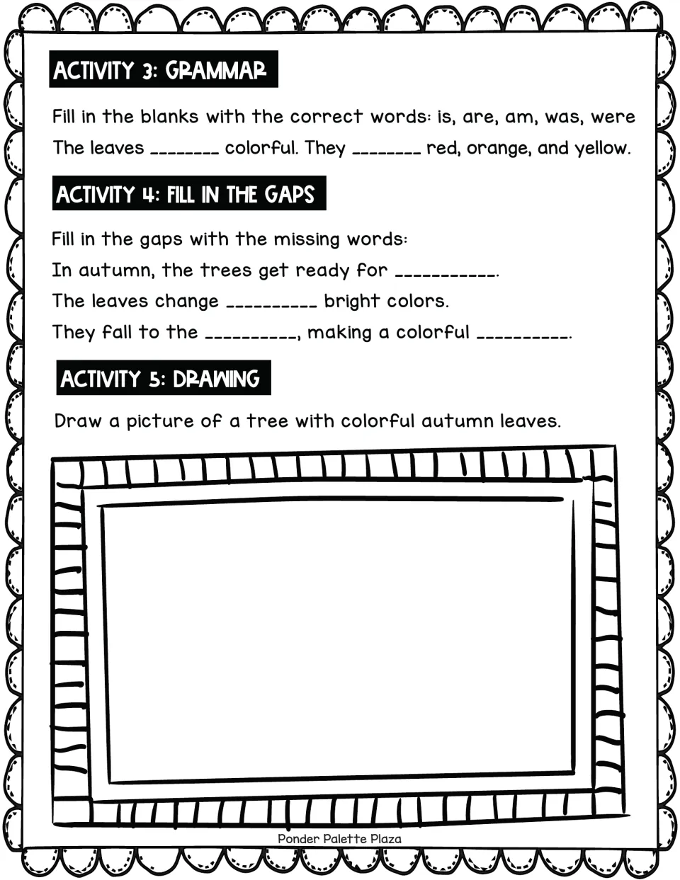 Autumn reading follow-up: grammar blanks, missing words about falling leaves, and a prompt to draw a tree.