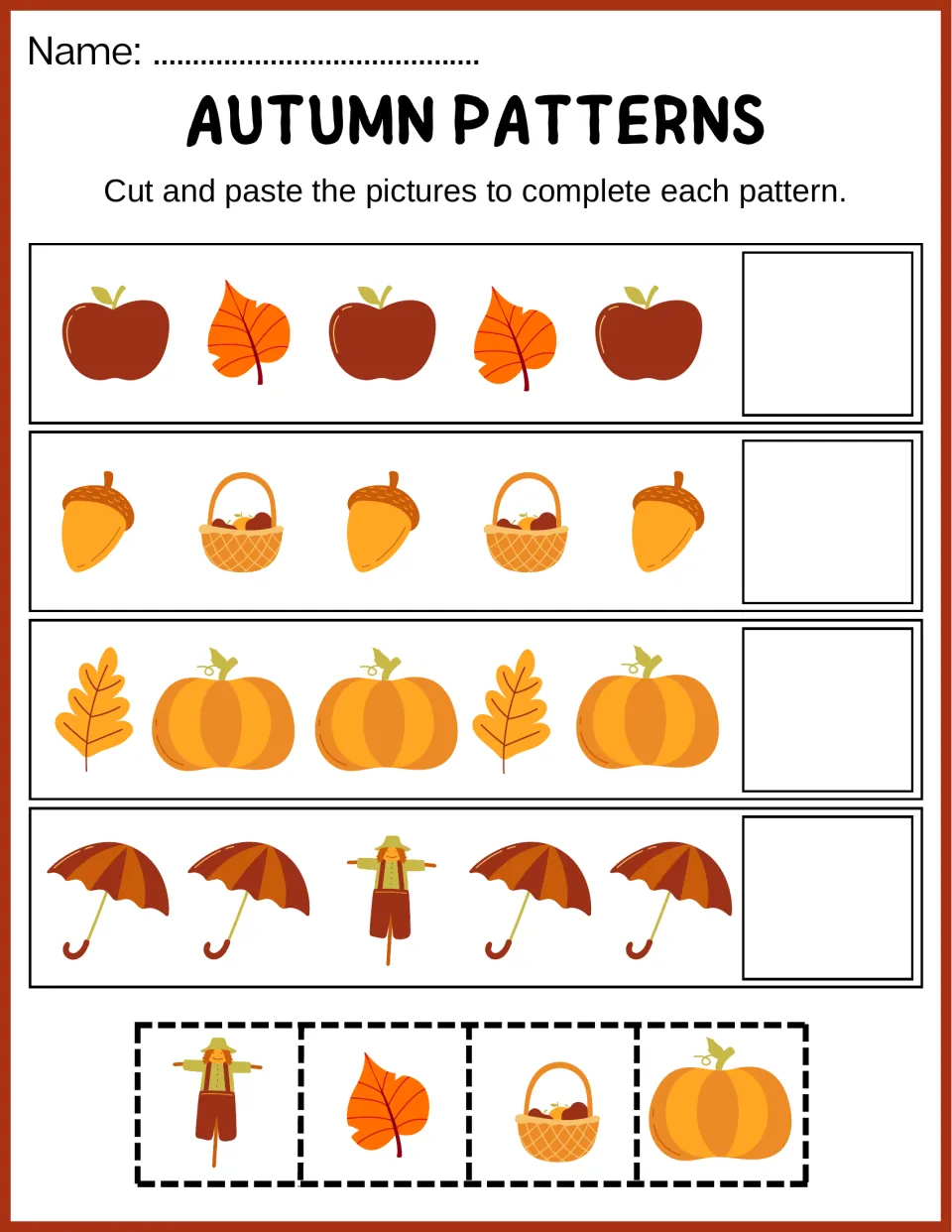 Autumn picture patterns: students cut out a scarecrow, leaf, basket and pumpkin to finish apple, acorn and umbrella rows