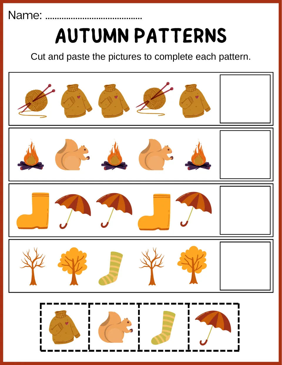 Fall pattern rows: students paste a sweater, squirrel, sock or umbrella to extend yarn, campfire, boot and tree sequences
