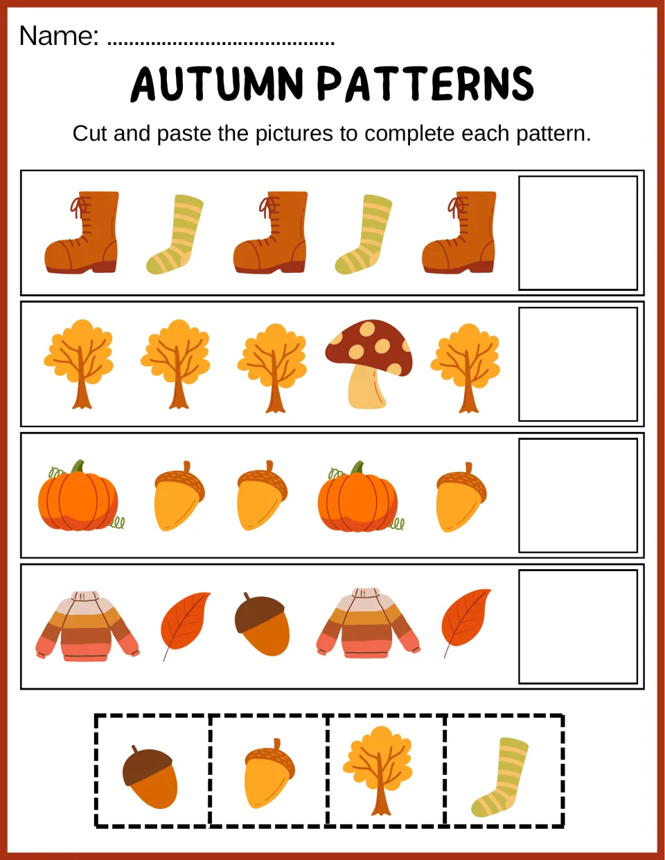 Seasonal patterning: students cut out two acorns, a tree and a sock to complete boot, tree, pumpkin and sweater sequences