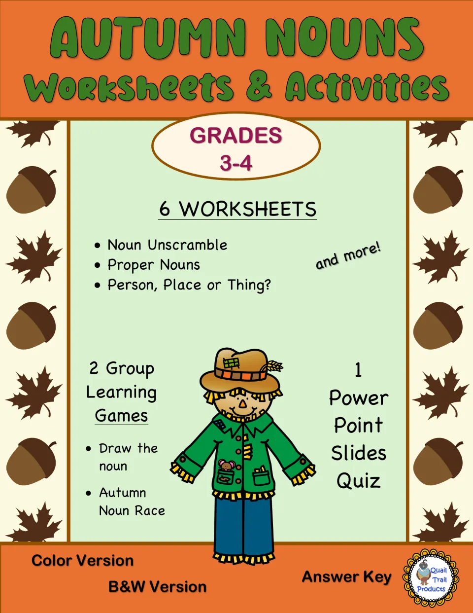 Autumn noun resource cover lists six worksheets, two group learning games, and a PowerPoint quiz for grades 3–4.