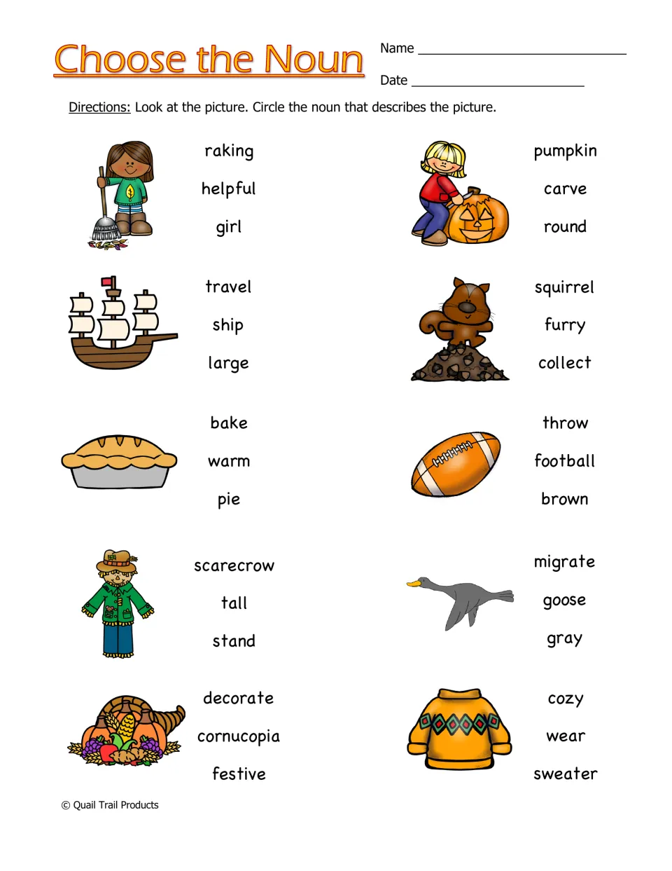 Choose the Noun practice asks students to circle nouns for 10 pictures, including girl, pumpkin, ship, and pie.