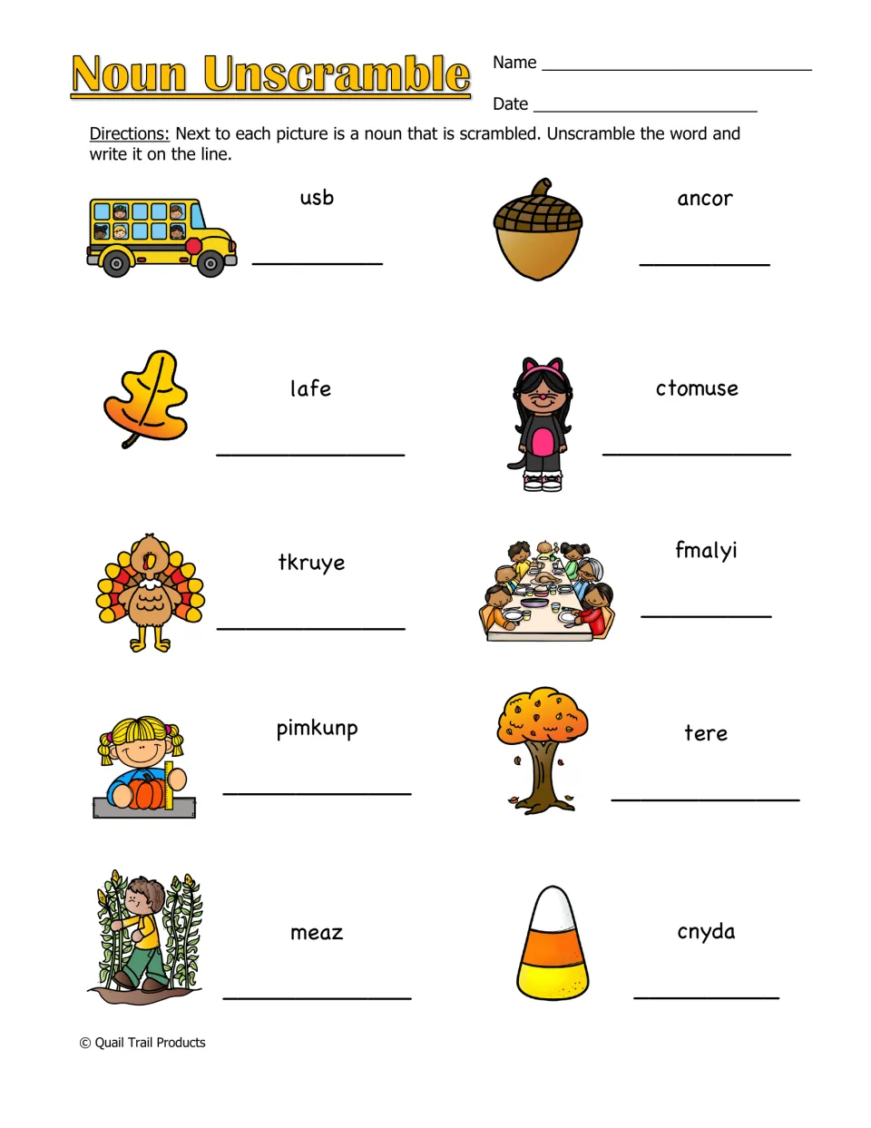 Noun Unscramble practice pairs 10 pictures with scrambled words, including usb, ancor, lafe, and ctomuse.