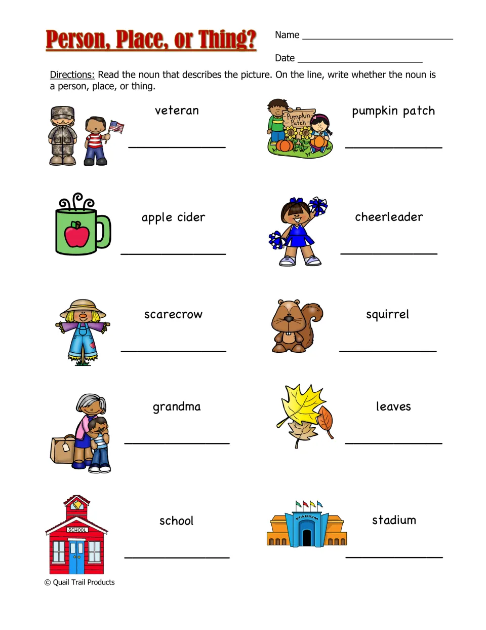 Person, Place, or Thing? practice asks students to classify 10 nouns, including veteran, school, and stadium.