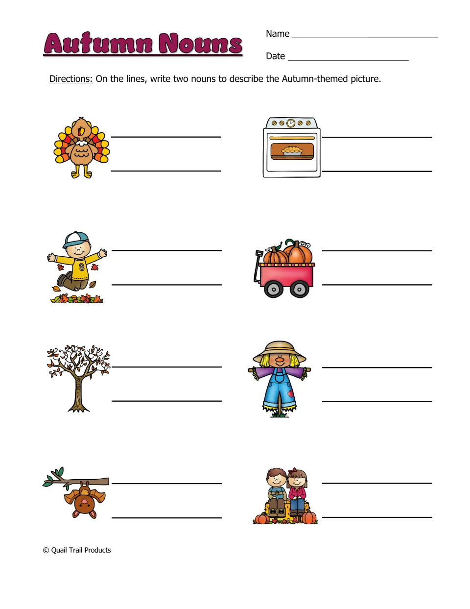 Autumn Nouns practice asks for two nouns per picture across eight scenes, including a turkey and pumpkin wagon.
