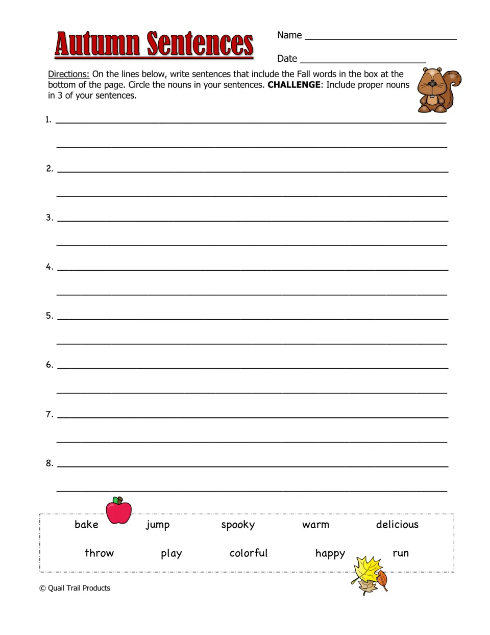 Autumn Sentences practice asks for eight sentences using fall words, circling nouns and adding proper nouns.